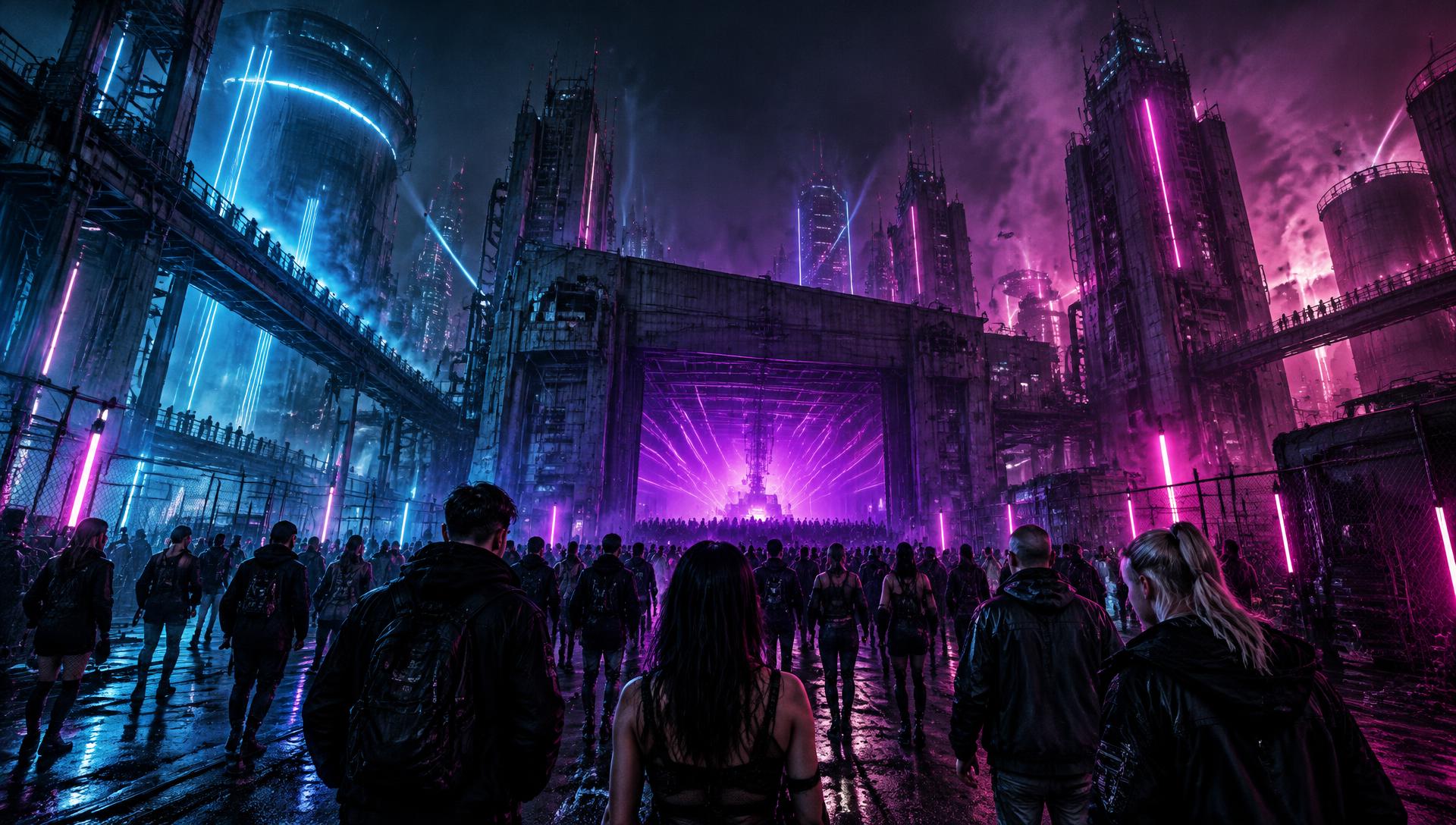 Neon pink and blue cyberpunk city with a crowd heading into an underground rave